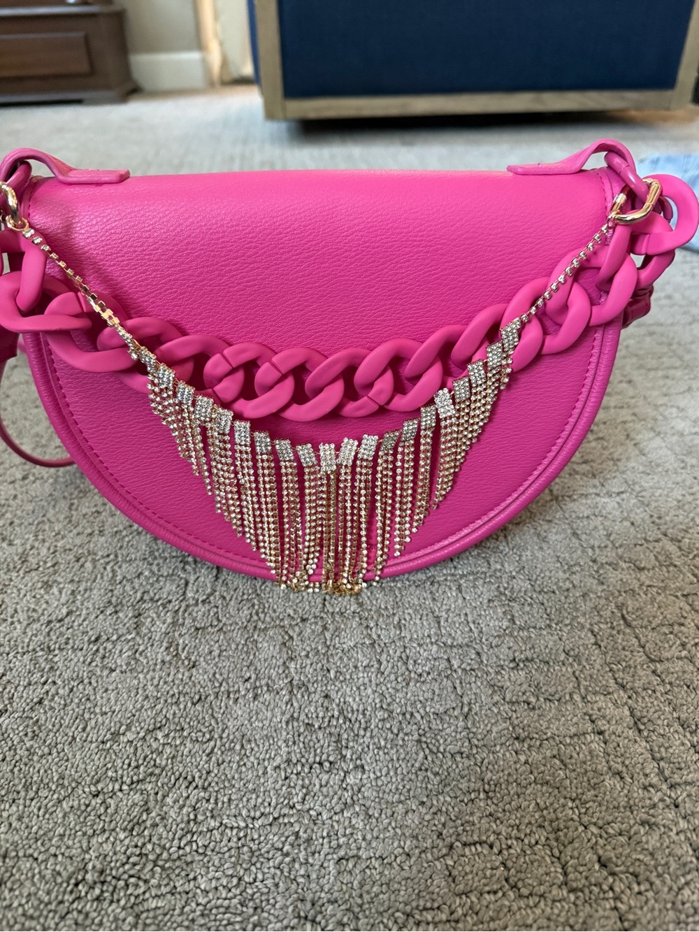 Hot Pink Chain-Detail Crescent Crossbody Bag